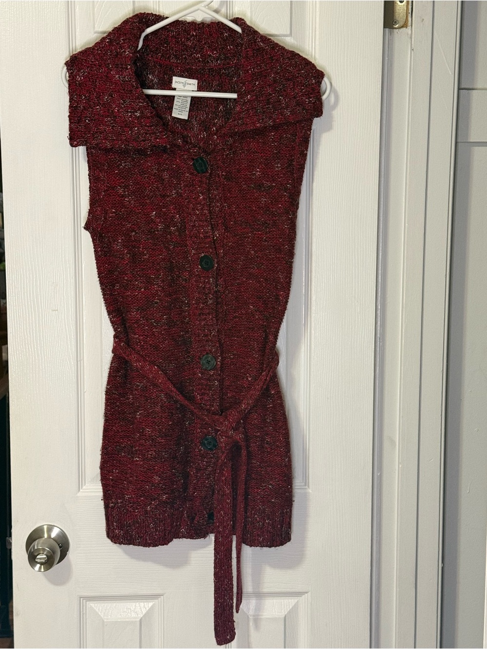 Jaclyn Smith Marled Red Button-Front Sleeveless Cardigan with Belt